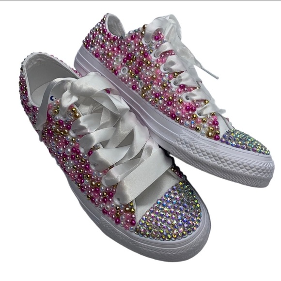 Pink Gold Pearls & Crystal Low Top Converse Sizes 5-14 New With Ribbon Laces - Picture 1 of 14